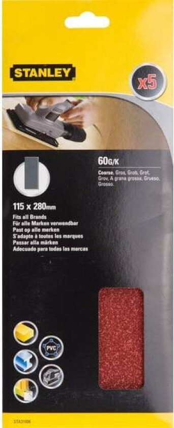 Stanley STA31006 Slipepapir Slipepapir 1/2ark 115x280mm 60 korning, 5stk STA31006 for tre, malte flater og metall. Ikke perforert