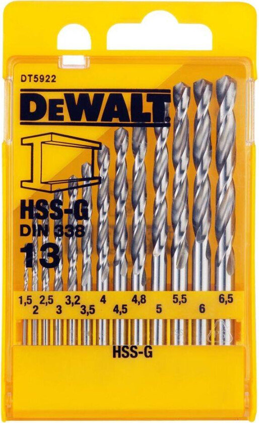 DeWalt DT5922 borssett A13 Metallbor sett HSS-G, DT5922. 13stk: 1.5, 2, 2.5, 3.2, 3, 3.5, 4, 4.5, 5 (x2), 5.5, 6, 6.5mm.