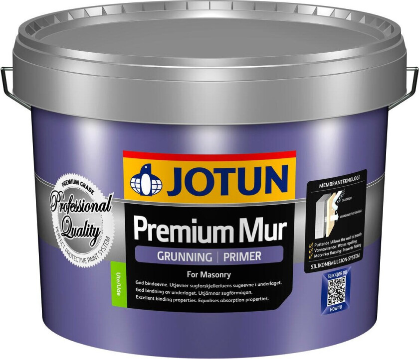 Jotun Premium murgrunning Grunning til tidligere ubehandlet mur og murunderlag som er sugende eller krittende etter vask. Anbefalt forbruk pr. strøk: 4-8 m²/liter (glatte underlag).