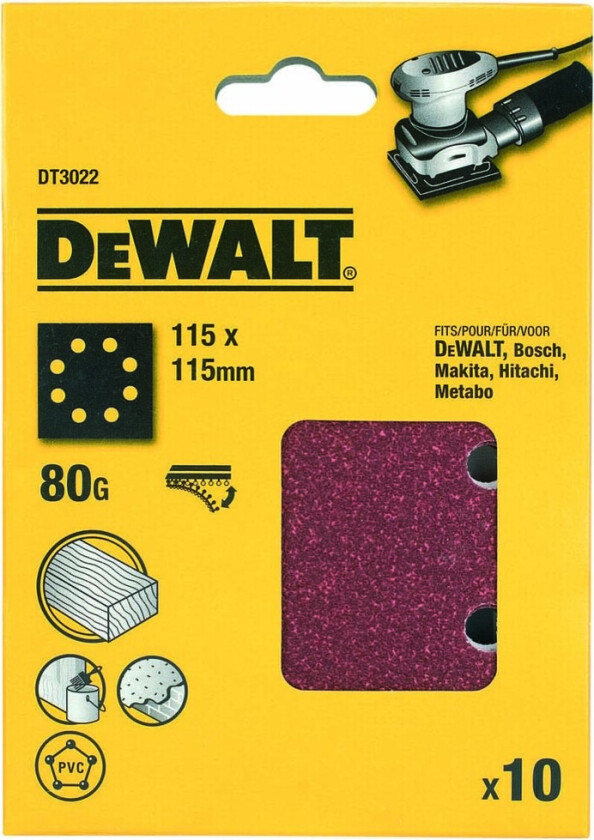DeWalt slipepapir 1/4ark 80K 8H A10 DT3022 slipepapir 10 i pakke, 115x115mm, borrelås. Industrielt slipepapir for fjerning, sliping og avslutningsoppgaver på tre. maling og fyllmasse.