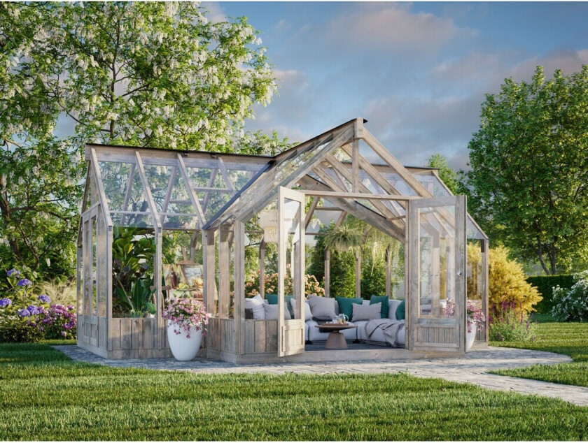 Bilde av Palmako Emilia veksthus/hagestue 19,1 m² Stor og romantisk hagestue / veksthus i glass og tre. Kan benyttes som hagestue, veksthus eller en kombinasjon av begge deler.