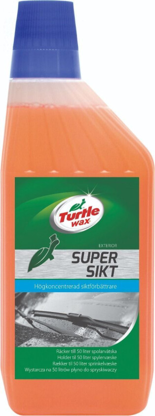 Turtle Wax Super Sikt Super Sikt fungerer perfekt til fjerning av insektrester og trafikkfilm på frontruten. Konsentratet kan blandes med alle typer spylevæske og med vann.