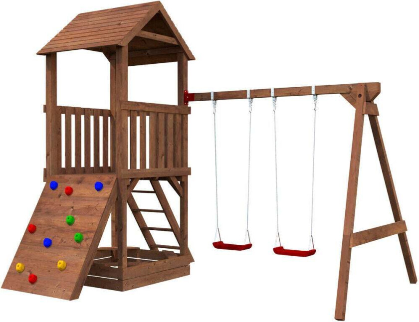 Bilde av Palmako Jesper-3 lekeborg Består av 1 tårn med tak og sandkasse under tårnet, stige opp til tårnet, huskestativ og klatrevegg. BESTILLINGSVARE.