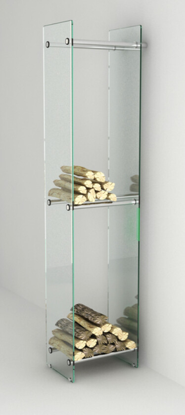 Tolmer veggmontert vedstabler i glass Stor vedstabler i glass, et praktisk og elegant møbel for oppevaring av ved.