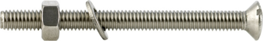 MASKINSKRUE LINSE A4-70 M4X20 A8 Maskinskrue M4x20 med mutter/skive, syrefast stål. Innen-/utendørs bruk. Rett spor. 8 st/pk.