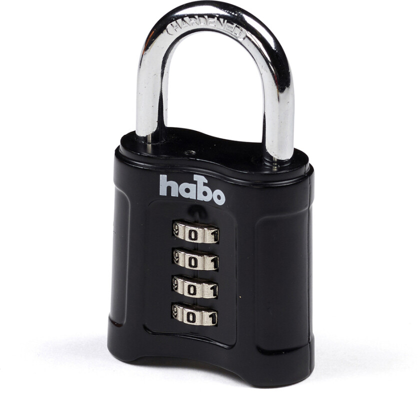 Habo Hengelås med Kode 203-55 Sort Sink Hengelås 203-55 4-sifret. Kombinasjonslås og dobbeltboltet bøyle Ø8 mm.