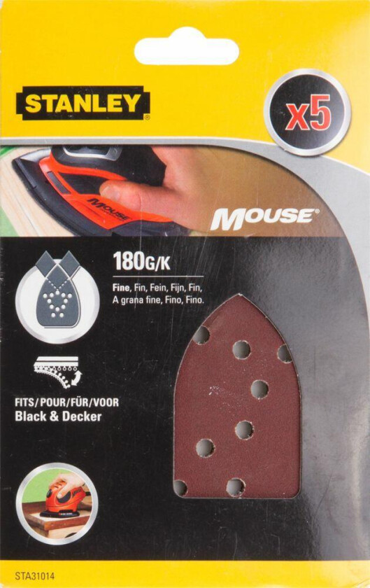 Stanley STA31014 Mouse slipepapir Slipepapir til Mouse BLACK+DECKER 180 korning STA31014, til tre, metall og pvc.For den perfekte finish. Bruk mellom maling/lakkstrøkene.