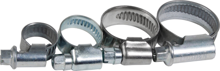 Slangeklemme 8-32 mm Galvaniserte slangeklemmer. Pose med totalt 8 stk slangeklemmer Spor- eller krysspor skrutrekker kan brukes. Posen inneholder dimensjoner fra 8-32 mm.