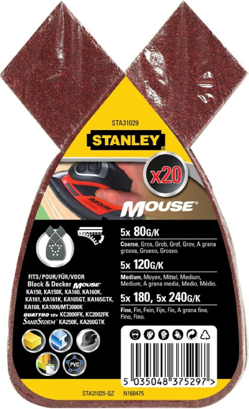Bilde av Stanley STA31029 Mouse slipepapir Slipepapir til Mouse BLACK+DECKER 5X80/120/180/240 korning til tre, metall og pvc.