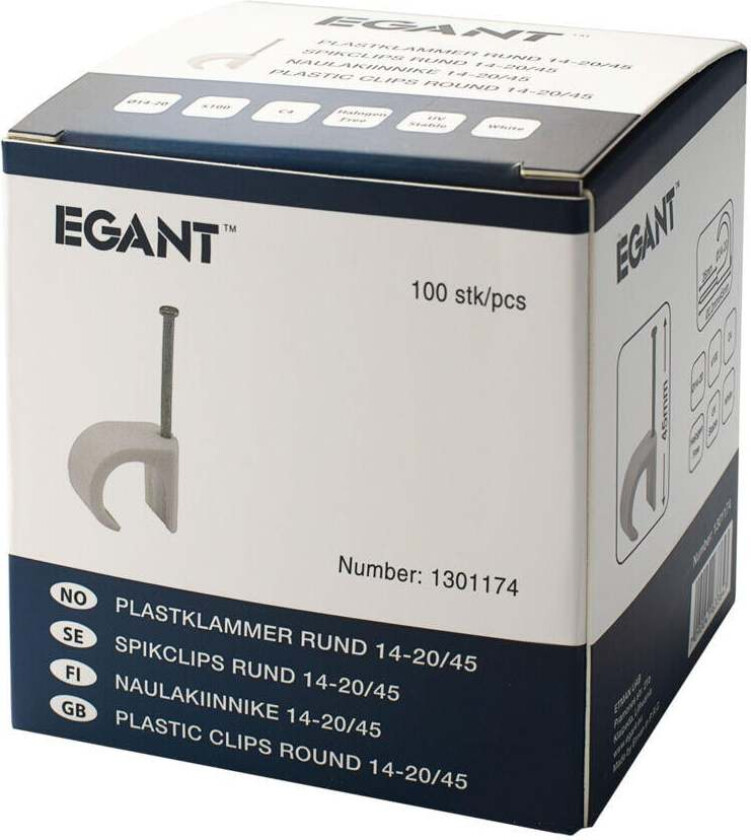 Egant Kabelklips 14-20 hvit Kabelklammer til rund kabel med diameter 14-20 mm. Hvit. Korrosjonsklasse C4. Installasjonstype innendørs og utendørs.