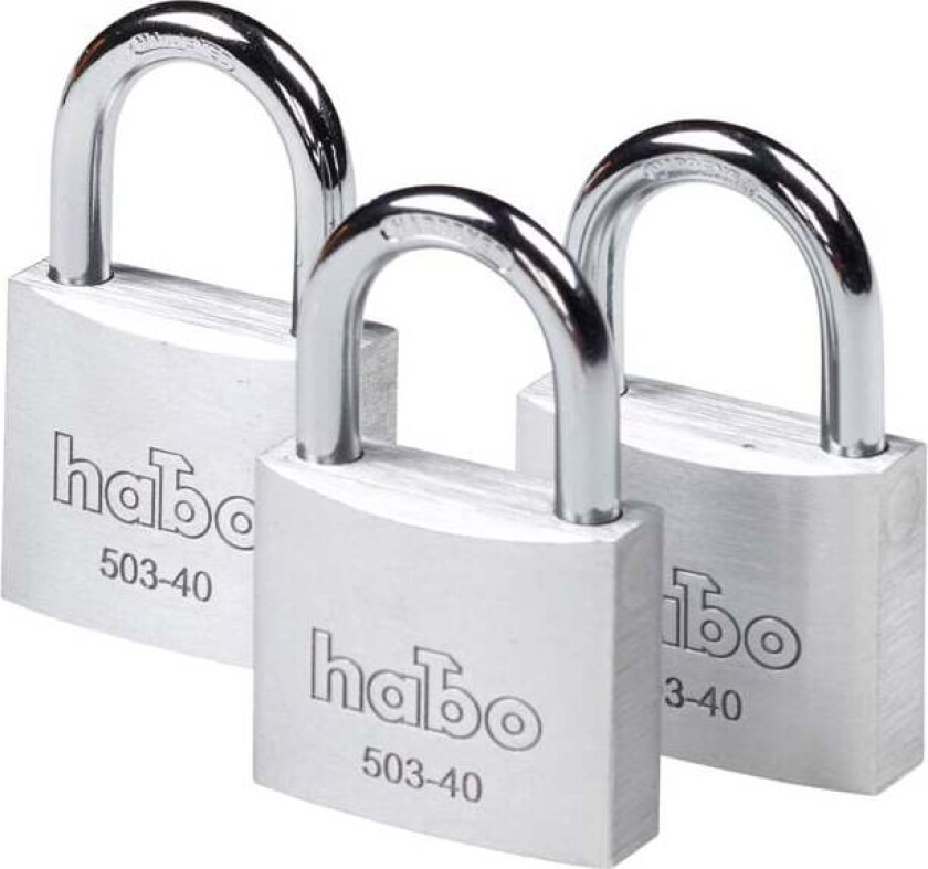 Habo 503-40 hengelås 3-pk Hengelås av massiv aluminium. Dobbeltboltet bøyle Ø6 mm. 3-pk.