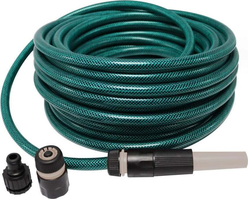 Odle 1/2" vannslange m/4 deler Komplett slangesett for vanning og rengjøring i hage og uterom. Denne slangen er 20 meter og leveres med krankoblinger, slangekobling og munnstykke,