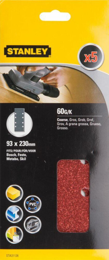 Stanley STA31126 Slipepapir Slipepapir 1/3ark 93X230mm 60 korning, 8 hull, 5 stk STA31126 for tre,pvc og malte flater