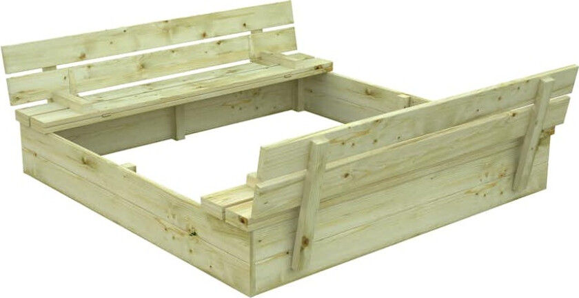 Bilde av Palmako sandkasse Sandy 14 m/benklokk Sandkasse på 140x140 cm med hengslede lokk som gjøres om til sittebenker når de er oppslått.