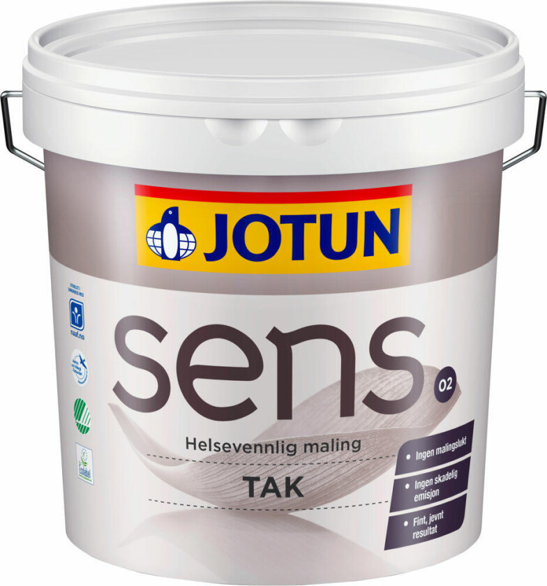 Jotun Sens Tak 02/helmatt interiørmaling En meget helsevennlig takmaling. Malingen er løsemiddelfri og har minimal malingslukt. Anbefalt forbruk pr. strøk: 8-10 m²/liter (glatte og ujevne underlag).
