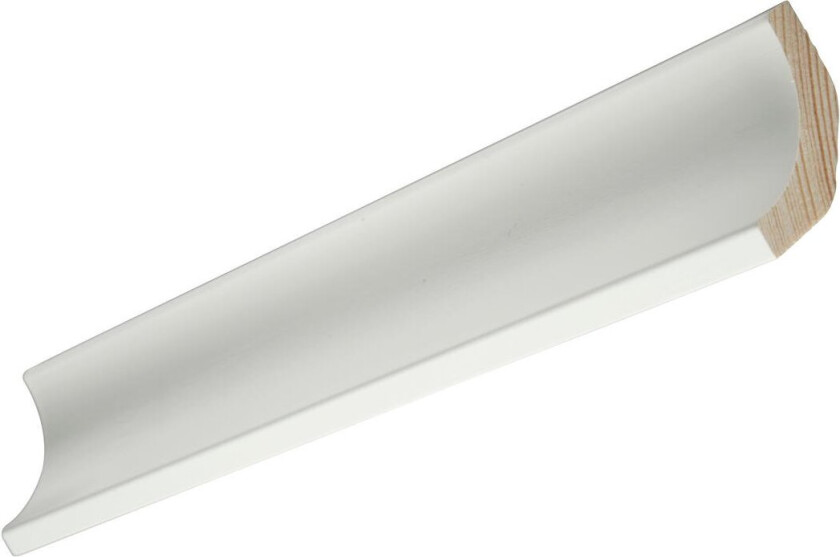 21x070x4400 hulkil glatt, hvitmalt NCS S0502Y En hulkillist når like langt ut på begge sider av et innvendig hjørne. Mindre hulkiler som denne brukes ofte som hjørnelist fra gulv til tak.