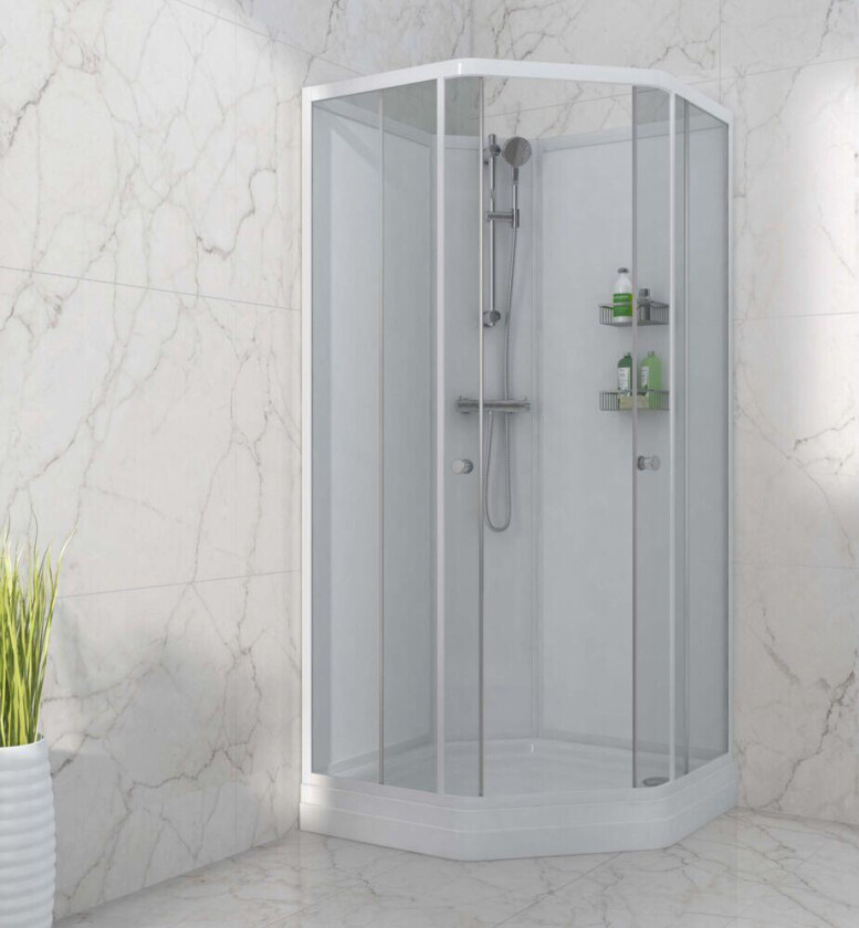 Duxa Skagen dusjkabinett Dusjkabinett med diamantformet bunnkar, 2 skyvedører, 5 mm herdet glass og forkrommet garnityr.