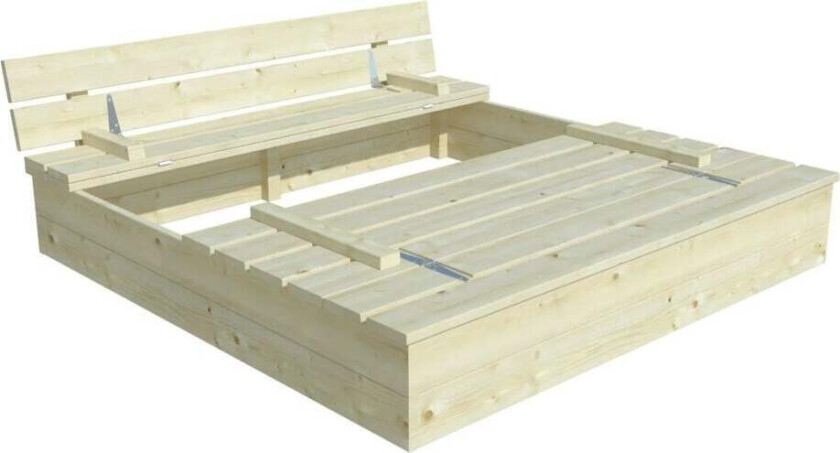 Palmako Sandy 12 sandkasse m/lokk Sandkasse på 120x120 cm med hengslede lokk som gjøres om til sittebenker når de er oppslått.