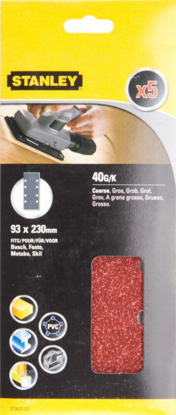 Stanley STA31121 Slipepapir Slipepapir 1/3ark 93X230mm 40 korning, 8 hull, 5 stk STA31121 for tre,pvc og malte flater