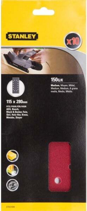 Stanley STA31020 Slipepapir Slipepapir 1/2ark 115x280mm,14 hull, 150 korning, 10stk STA31020 for tre, malte flater og metall.