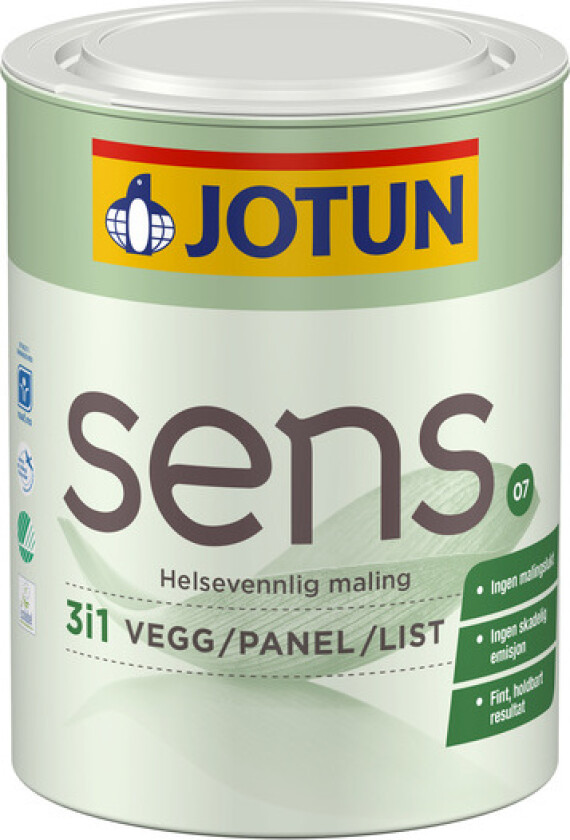 Jotun Sens Vegg/Panel/List 07/matt interiørmaling En miljøvennlig maling - ingen malingslukt og ingen skadelig avdamping. Anbefalt forbruk pr. strøk: 8-10 m²/liter (glatte og ujevne underlag).