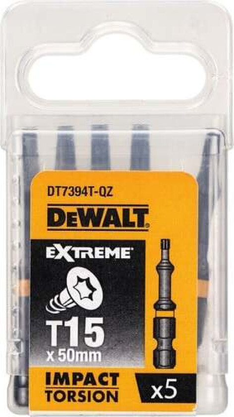 DT7394T Bits torx T15 50MM Bits Flex-torq, torx T15, torsion, DT7394T, 50MM total lengde, 5stk i pakken, for bruk med slagtrekker