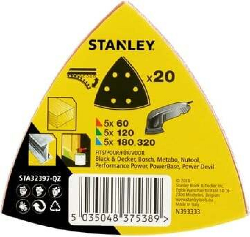 Stanley DELTA STA32397 slipepapir Slipepapir assortert 20 stk STA32397 med borrelås, Quickfit feste. 5X60-120-180-320K