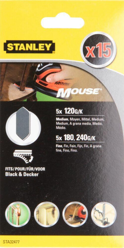 Stanley STA32477 Mouse finger-slipepapir Fingerslipepapir til Mouse BLACK+DECKER 5x120/180/240 korning, perfekt for detalj og vanskelig tilgjengelige områder