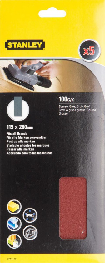 Stanley STA31011 Slipepapir Slipepapir 1/2ark 115x280mm 100 korning, 5stk STA31011 for tre, malte flater og metall. Ikke perforert