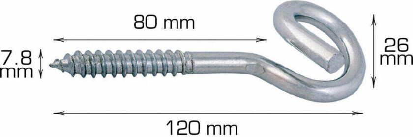 Krok til klessnor - 120mm Skruekrok til klessnor: Mål: L120 x Ø8 mm. Materiale: Elforsinket