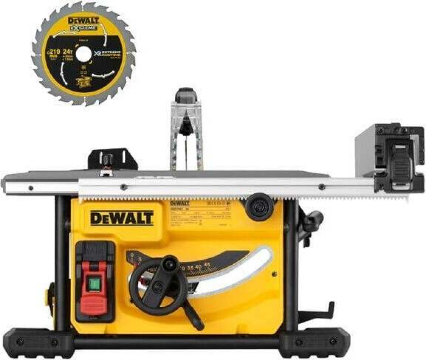 Bilde av DeWalt DWE7485EXB 1850W bordsag 230V kompakte bordsag med 1850W motor for lang levetid og effektivitet. Dobbelt sideanlegg med låsespalter for økt nøyaktighet uten bevegelse i vinkelrett stilling.