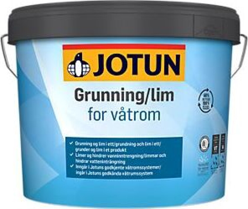 Jotun grunning/lim for våtrom 3l En vanntynnet grunning/lim for sugende underlag. Inngår som et spesialprodukt i våtromsserien som er godkjent av den norske byggebransjens våtromsnorm.