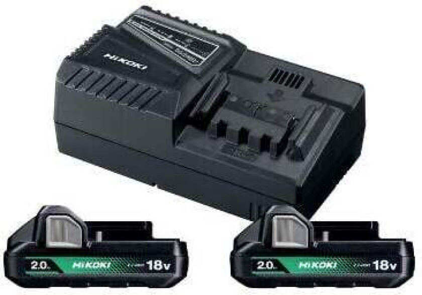 HiKOKI batteripakke 18V 2,0 Ah batteripakke med 2 stk 2,0 Ah batterier med ladeindikator og batterilader.