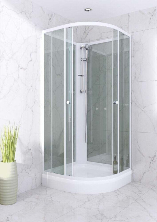 Duxa Silkeborg dusjkabinett Dusjkabinett med bunnkar i kunstmarmor, 2 skyvedører, 6 mm herdet glass og forkrommet garnityr.