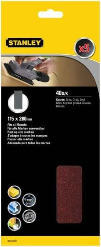 Stanley STA31001 Slipepapir Slipepapir 1/2ark 115x280mm 40 korning, 5stk STA31001 for tre, malte flater og metall. Ikke perforert