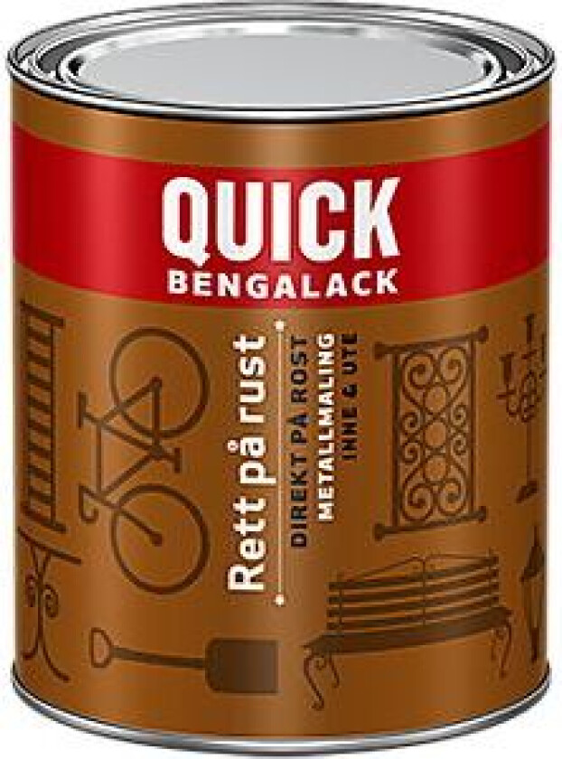 Quick Bengalack Rett på rust blank maling Enkel og rask rustbeskyttelse, grunning og toppstrøk i ett produkt. Gir blank overflate. Anbefalt forbruk pr. strøk: 8-10 m²/liter.