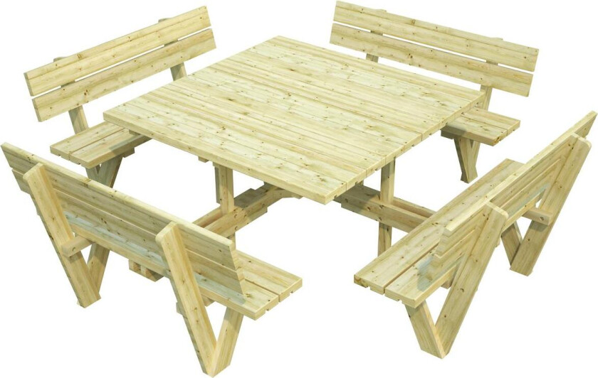 Palmako Arthur benksett Firkantet, robust benksett med rygg. plass til 8-12 personer. Totalt mål på settet: Ø 274 cm