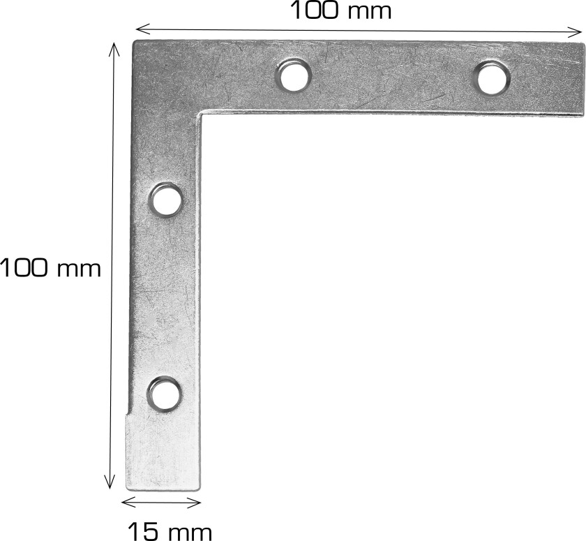 Vinkelbeslag flatt Vinkelbeslag flatt Mål: L100xH100xB15 mm. 2 stk. per pose. Inkl. skruer. Materiale: Elforsinket