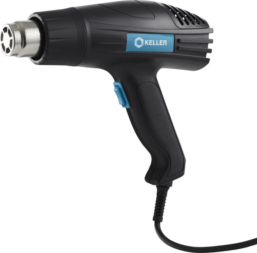Bilde av Kellen 2000W varmluftpistol Varmluftpistol nyttig til flere brukområder, blant annet til fjerning av maling og tining av rør. Denne leveres med 2 dyser og 1 skrape.