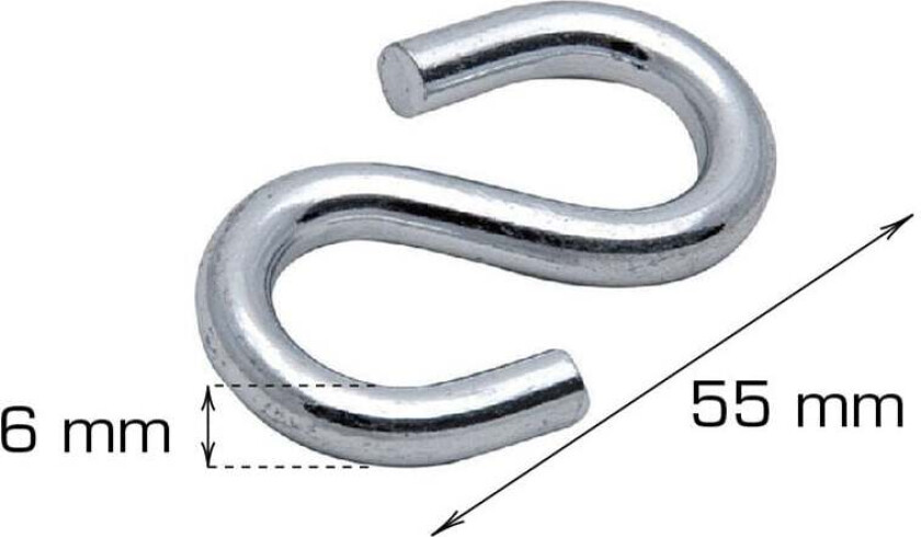 S-krok - 6mm S-krok. Mål: L55 x Ø6 mm. 2 stk. per pose. Materiale: Elforsinket
