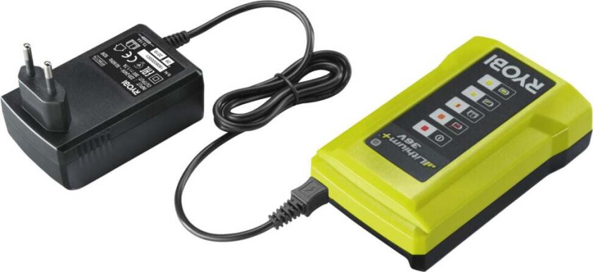 Ryobi 1,7 Amp/tim. Batterilader 36V RY36C17A En plassbesparende men effektiv 36V lader som lader i 1,7 Amp/timen. Fungerer med alle MaxPower (36V) batterier (også eldre modeller).