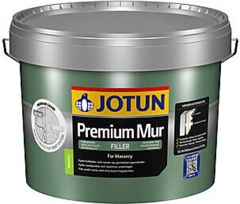 Jotun Premium Mur filler Jevner ut strukturer, sprekker og ujevnheter og bygger over riss. Anbefalt forbruk pr. strøk: 3-4 m²/liter (glatte underlag).