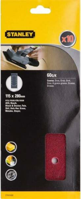 Stanley STA31020 Slipepapir Slipepapir 1/2ark 115x280mm,14 hull, 60 korning, 10stk STA31020 for tre, malte flater og metall.