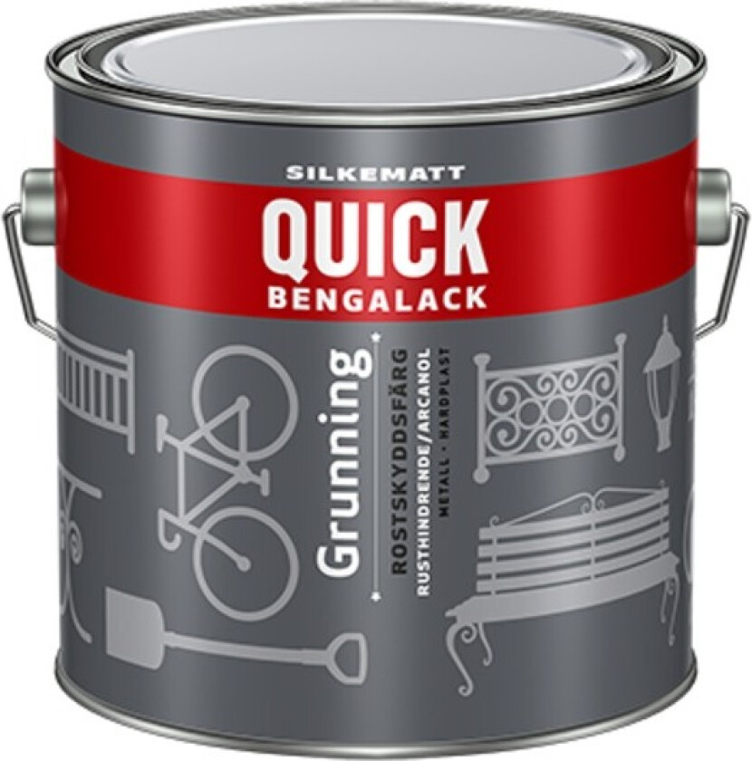Quick Bengalack Grunning Robust grunning som er perfekt under Universal. Sikrer god vedheft. Anbefalt forbruk pr. strøk: 8-10 m²/liter.