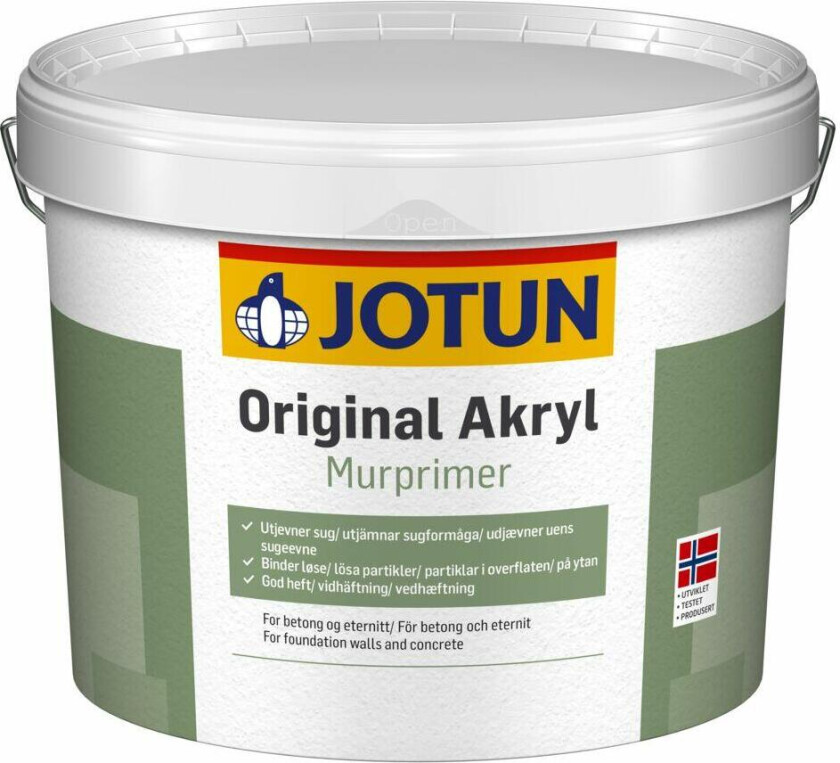 Jotun Original Akryl murprimer Murgrunning til mineralske underlag. Velegnet for betong, trenger inn og utjevner sug i underlaget. Anbefalt forbruk pr. strøk: 5-7 m²/liter (glatte underlag).