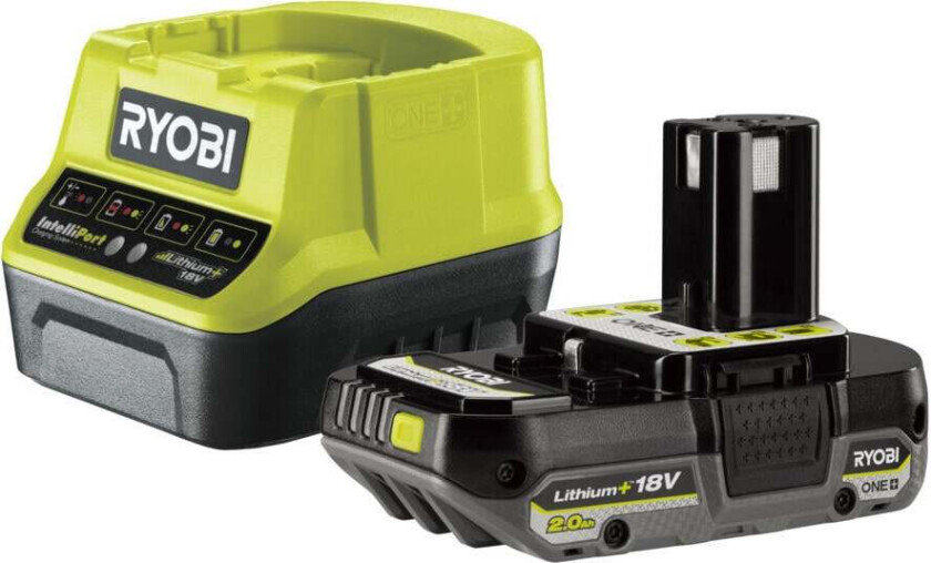 Ryobi RC18120-120C 2,0Ah batteri og lader Batteri og lader med et 2.0 Ah 18V Lithium+ batteri og 2.0 Amp/t lader. For alle elverktøy og hagemaskiner i s ONE+system (også eldre modeller).