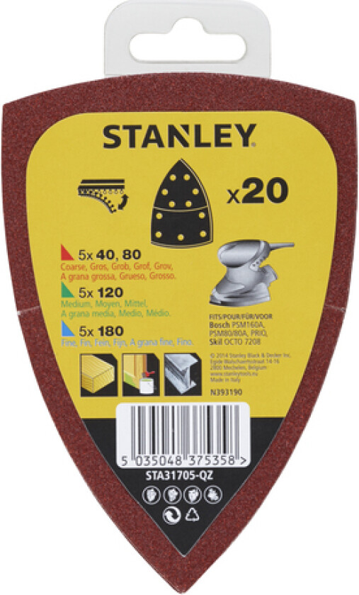 Stanley slipepapir STA31705 Slipepapir STA31705-QZ 20stk assortert 40/80/120/180k til PSM160A, SKIL, Metabo.