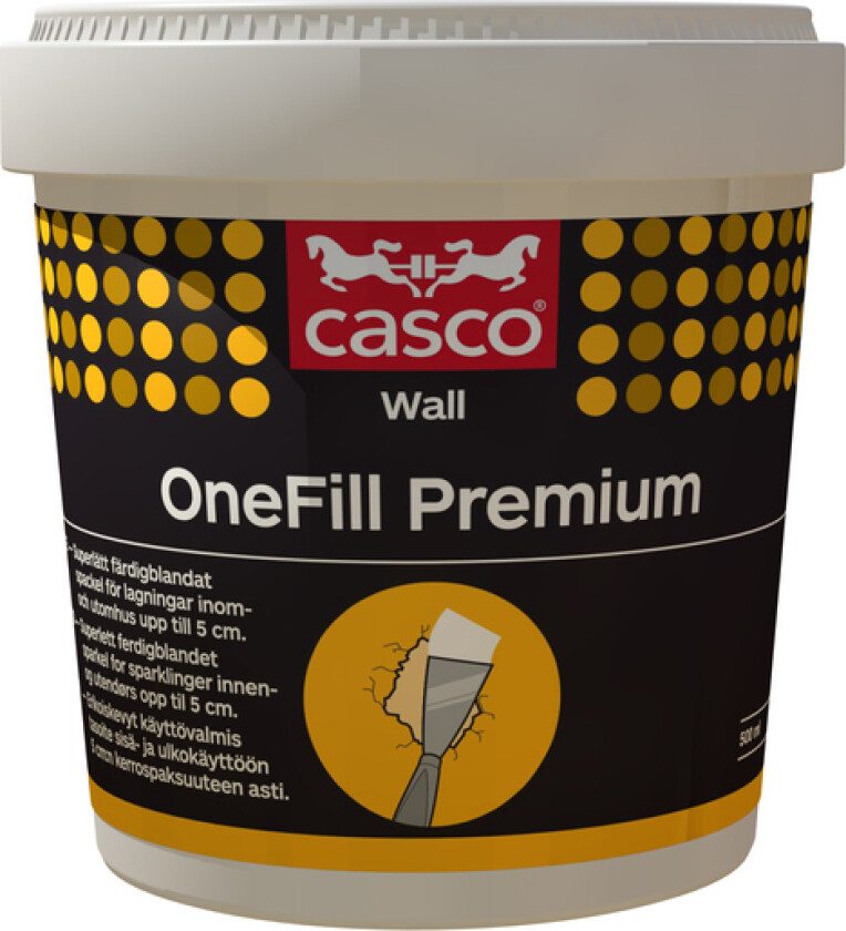 Casco OneFill Premium veggsparkel En svært lett ferdigblandet sparkel. Enkel å påføre og kan benyttes både ute og inne.