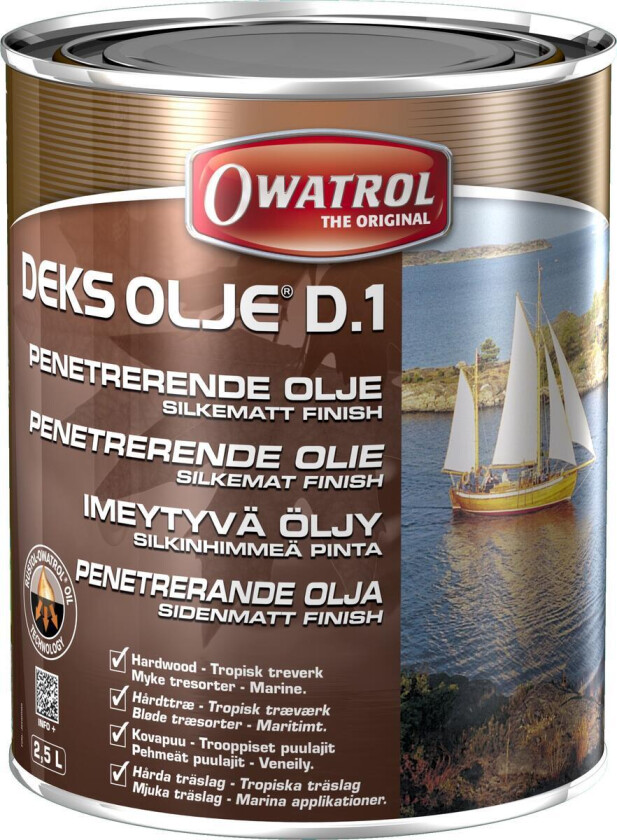 Owatrol D1 Deks olje En gjennomsiktig olje med silkematt finish. Bevarer treverkets struktur og er perfekt å bruke til grunning. Anbefalt forbruk pr. strøk: 1-4 m²/liter.