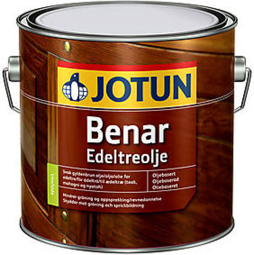 Jotun Benar Edeltreolje En værbestandig olje til oppfriskning og vedlikehold av edle tresorter. Anbefalt forbruk pr. strøk: 10-12 m²/liter.